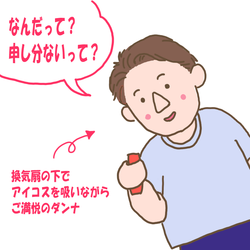 換気扇の下でアイコスを吸いながら申し分ないと言われたことにご満悦のダンナ