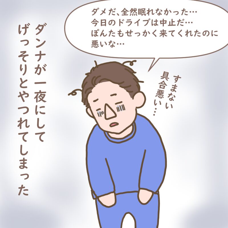 一夜にしてげっそりとやつれてしまったダンナ。予定していたドライブを取りやめる。